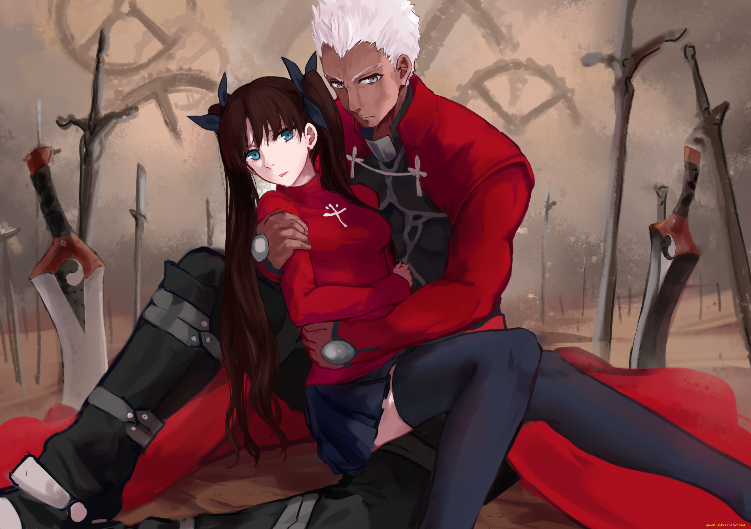 Обои Аниме Fate/Stay Night, Grand Order, Apocrypha , обои для рабочегостола, фотографии аниме, fate, stay night, stay, night, archer, tohsaka,rin, kubiao, мечи, слуга, мастер, арчер, рин, пара Обои для рабочего